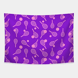 Tennis Seamless Pattern - Pink Racket and Ball on Purple Background Tapestry