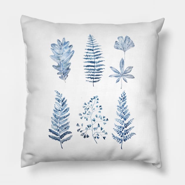 blue leaves collection watercolor Pillow by colorandcolor