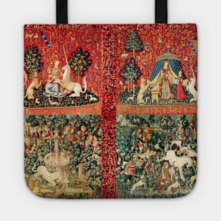 FOUR LADY AND UNICORN STORIES ,Fantasy Flowers,Animals, Red Green Floral Tapestry Tote