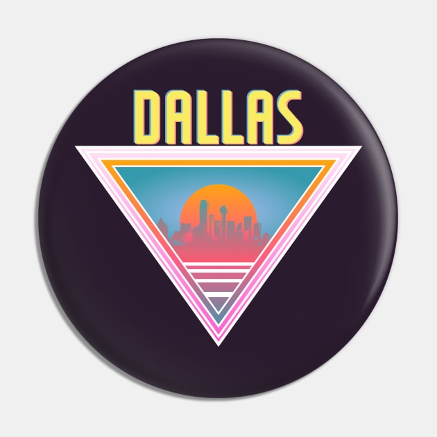 Dallas City Skyline Silhouette Sunrise Retro 80's / 90's Vaporwave Aesthetics - Bright Vintage Design For Sunny Summer Days Pin by KritwanBlue