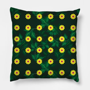 Yellow daisies with Cerise centres over layers of vine leaves on a Dark Green background Pillow