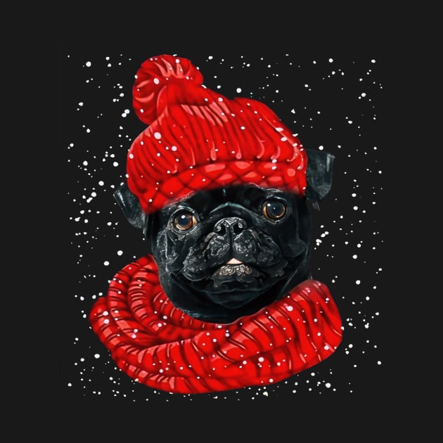 Black Pug Wearing Red Hat And Scarf In Snow Christmas by Tagliarini Kristi