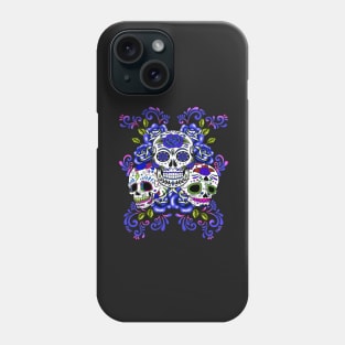 Triple Skull Blue Floral Day Of The Dead Sugar Skulls Phone Case