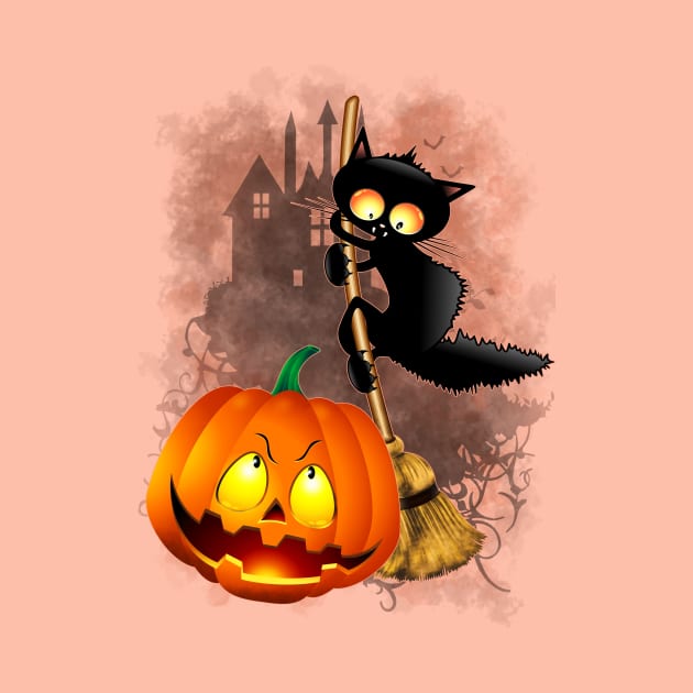 Cat Fun Halloween Character scared by a Pumpkin by BluedarkArt