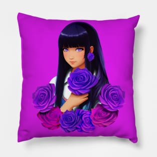 Anime Girl with Purple Eyes and Roses Pillow