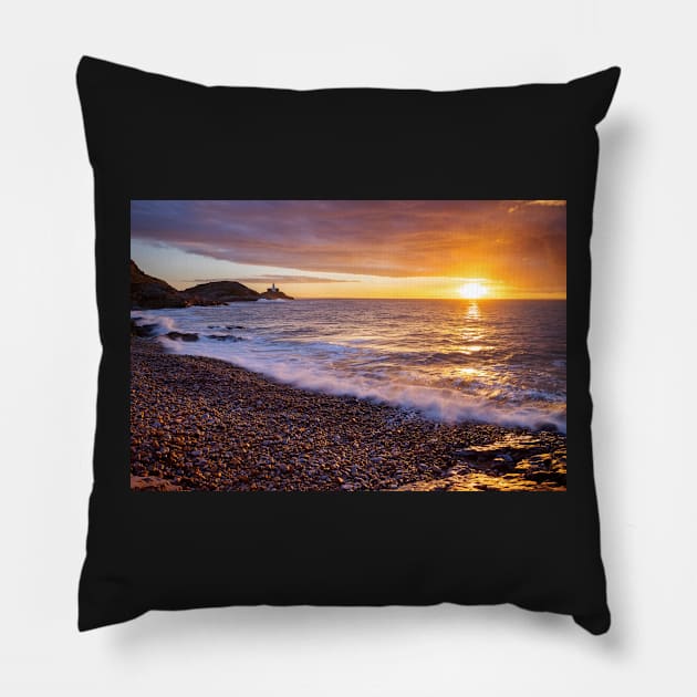 Mumbles Lighthouse, Bracelet Bay, Swansea Pillow by dasantillo