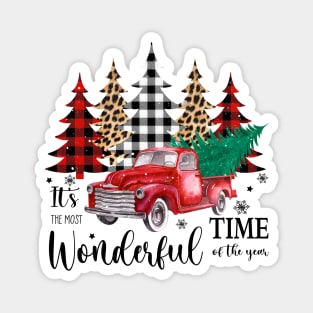 It's the most wonderful time of the year; old truck; pick up truck; pine trees; Xmas; Christmas; tree; trees; snow; snowflakes; chevy; beautiful; Magnet