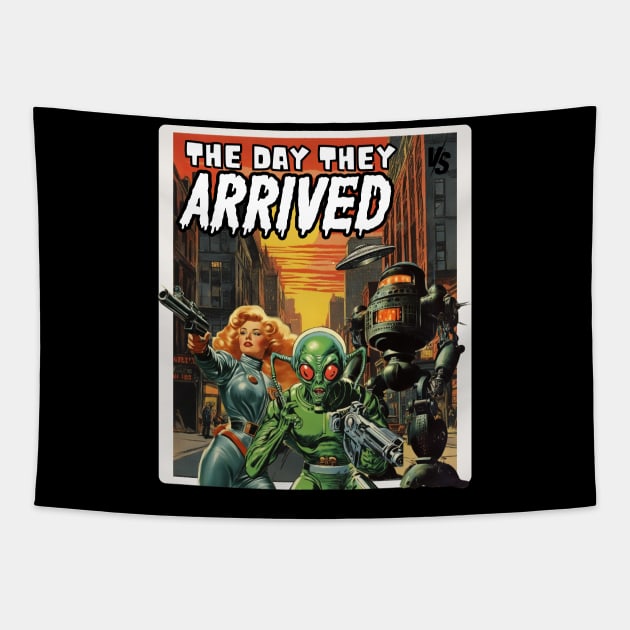 The Day they arrived, retro comic book cover Tapestry by Teessential