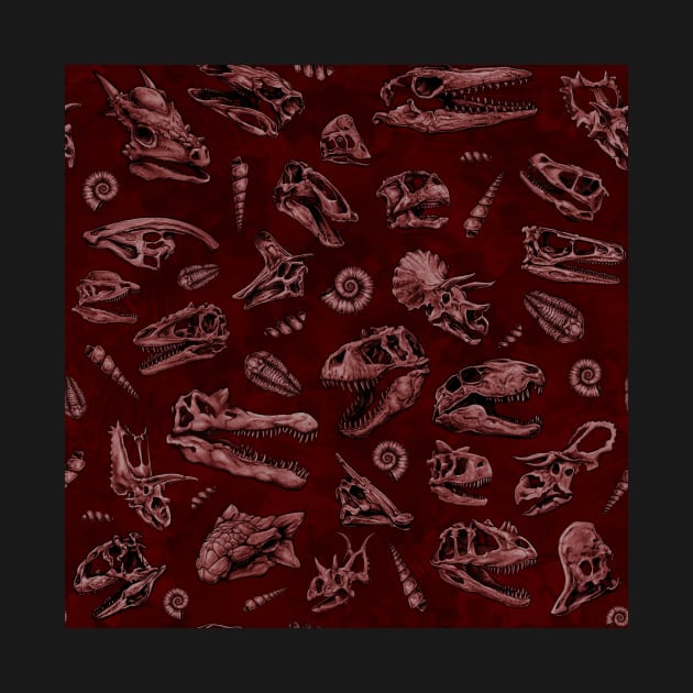 Dinosaur skull sketch tiled pattern Red by CassWArt