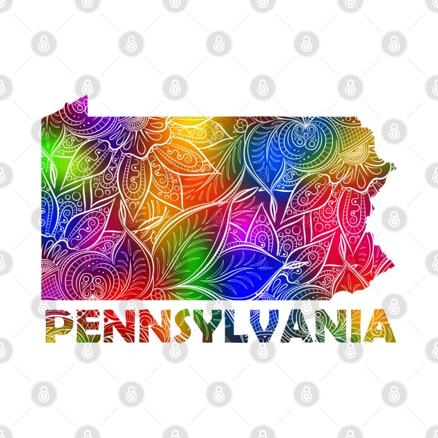 Colorful mandala art map of Pennsylvania with text in multicolor pattern by Happy Citizen