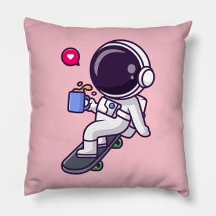 Cute Astronaut Playing Skateboard With Coffee Cartoon Pillow