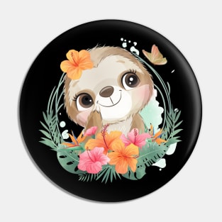 cute little sloth portrait with floral Pin