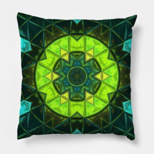 Mosaic Kaleidoscope Flower Green and Blue Pillow