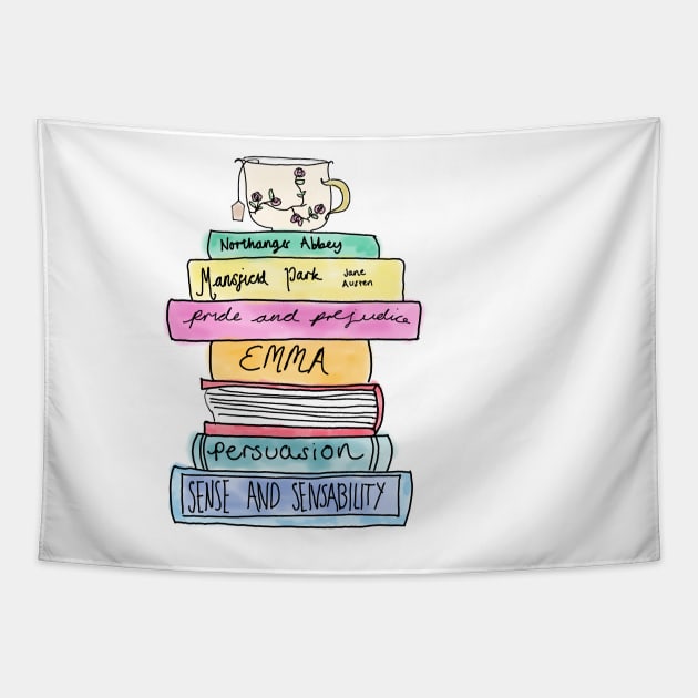 Jane Austen book stack Tapestry by bookloversclub