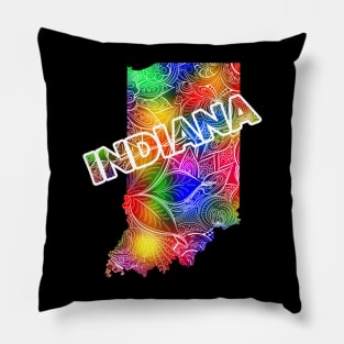 Colorful mandala art map of Indiana with text in multicolor pattern Pillow