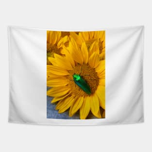 Large Green Beatle On Sunflower Tapestry