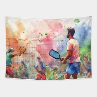 Artistic Illustration of couples playing pickleball Tapestry