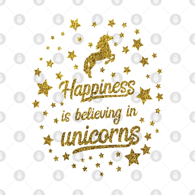 Happiness is believing in unicorns gold glitter Christmas Unicorn Design by sarahwainwright