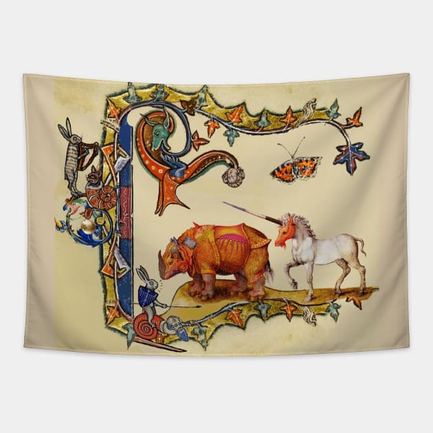 WEIRD MEDIEVAL BESTIARY, DRAGON,UNICORN ,RHINO AND KILLER RABBIT Tapestry by BulganLumini