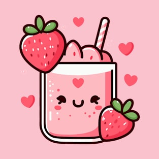 Kawaii Strawberry Milkshake with Strawberries and Hearts | Kawaii Food Art T-Shirt