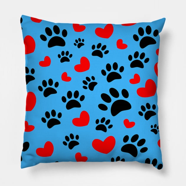 Black Dog Paws Red Hearts Pattern On Blue Pillow by Braznyc