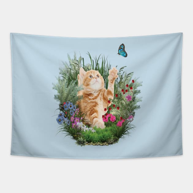 Ginger kitten playing with a blue butterfly Tapestry by Just Kidding by Nadine May