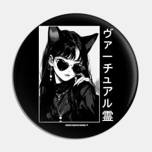 Stylish Anime Neko Girl Manga Aesthetic Streetwear Black and White #2 Pin