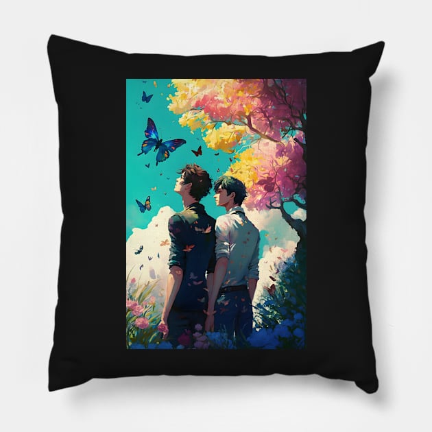 Two Souls Under Blue Butterflies Pillow by PenguiQueer