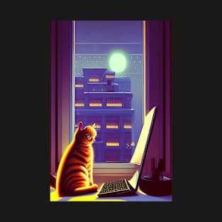 Cat Working On Office At Night Comic Artwork Style T-Shirt