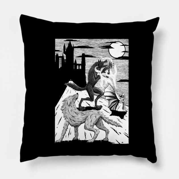 Luthien and Huan battle Sauron Pillow by Cheapheat