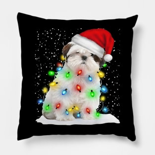 White Shih Tzu Christmas Santa Hat Xmas Tree Color Lights Pillow