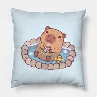 Cute Capybara And Ducky Chilling In Hot Spring Pillow