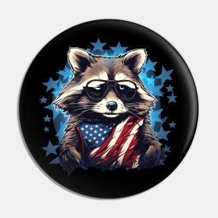 old raccoon proudly American flaG Pin