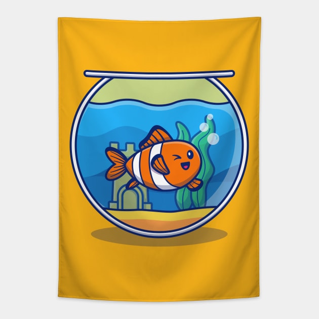 Clown Fish Swimming In The Aquarium Cartoon Tapestry by Catalyst Labs