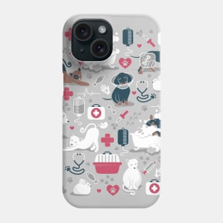 Veterinary medicine, happy and healthy friends // grey background red details navy blue white and brown cats dogs and other animals Phone Case