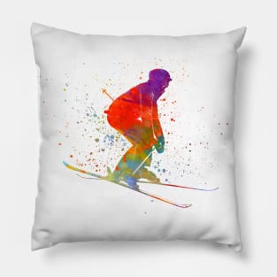 Woman skier skiing jumping  in watercolor Pillow