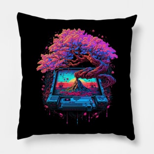 Retro Sakura Blossoms: A Synthwave-Inspired Aesthetic Pillow