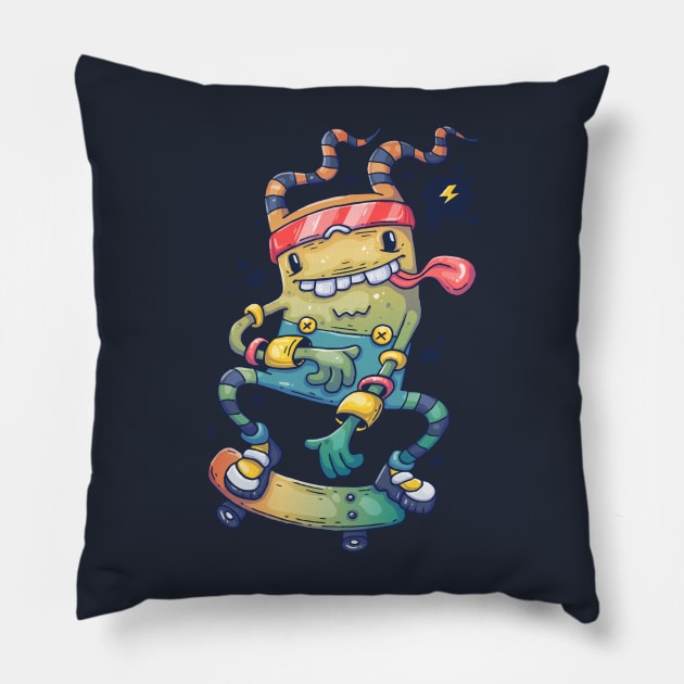 cheerful monster skateboard Pillow by Mako Design 