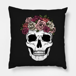 Day of the Dead Style Flower Crown Skull Illustration Pillow