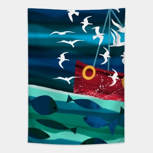 Red Fishing Boat Tapestry