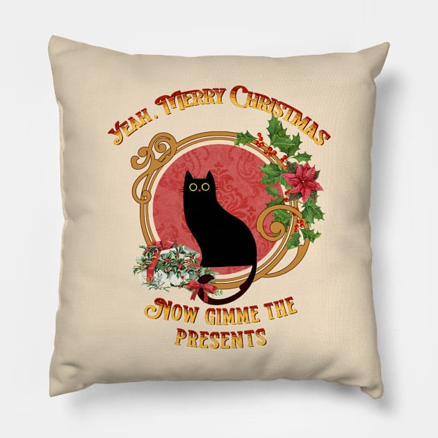 Grumpy black cat merry christmas, Festive black cat Pillow by Catmaleon Design