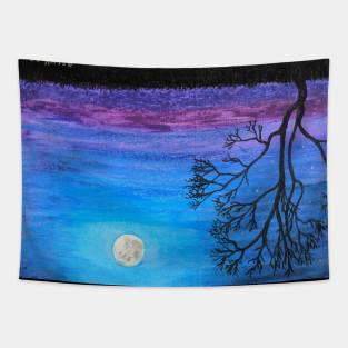 Moon rise tree silhouette inverted Tapestry