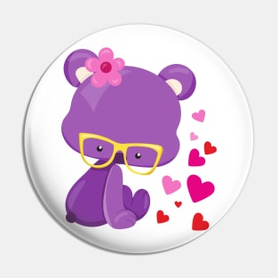 Valentine's Day Bear, Purple Bear, Glasses, Hearts Pin