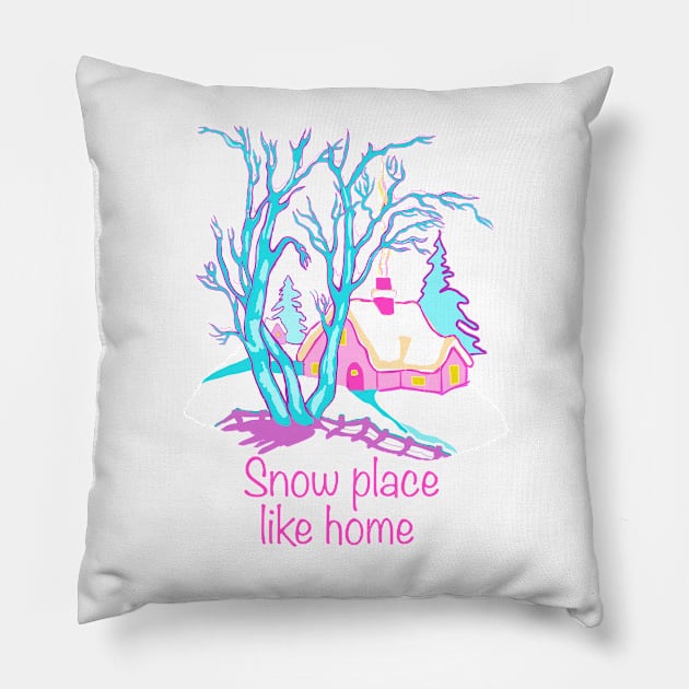 There is snow place like home winter wonder nostalgic teal pink and purple illustration. Pillow by Peaceful Pigments