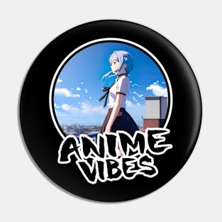 Anime Schoolgirl on Rooftop with City View - Anime Shirt Pin