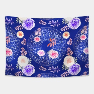 Winter Mandalas and Roses Icy Chilly Blue Tapestry