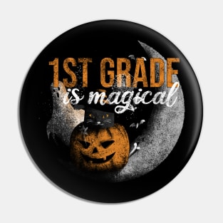 1st Grade is Magical - Funny Vintage Black Cat and Pumpkin Pin