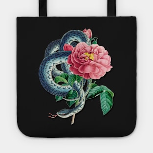 Vintage Coiling Blue Tree Snake and Pink Roses Tote