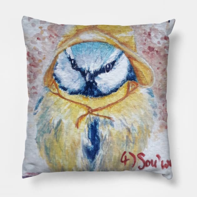 Watercolour Blue Tit Bird Painting Pillow by Athene Art