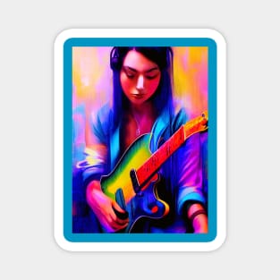 Girl On Guitar Glitch Art Rectangle Design Magnet